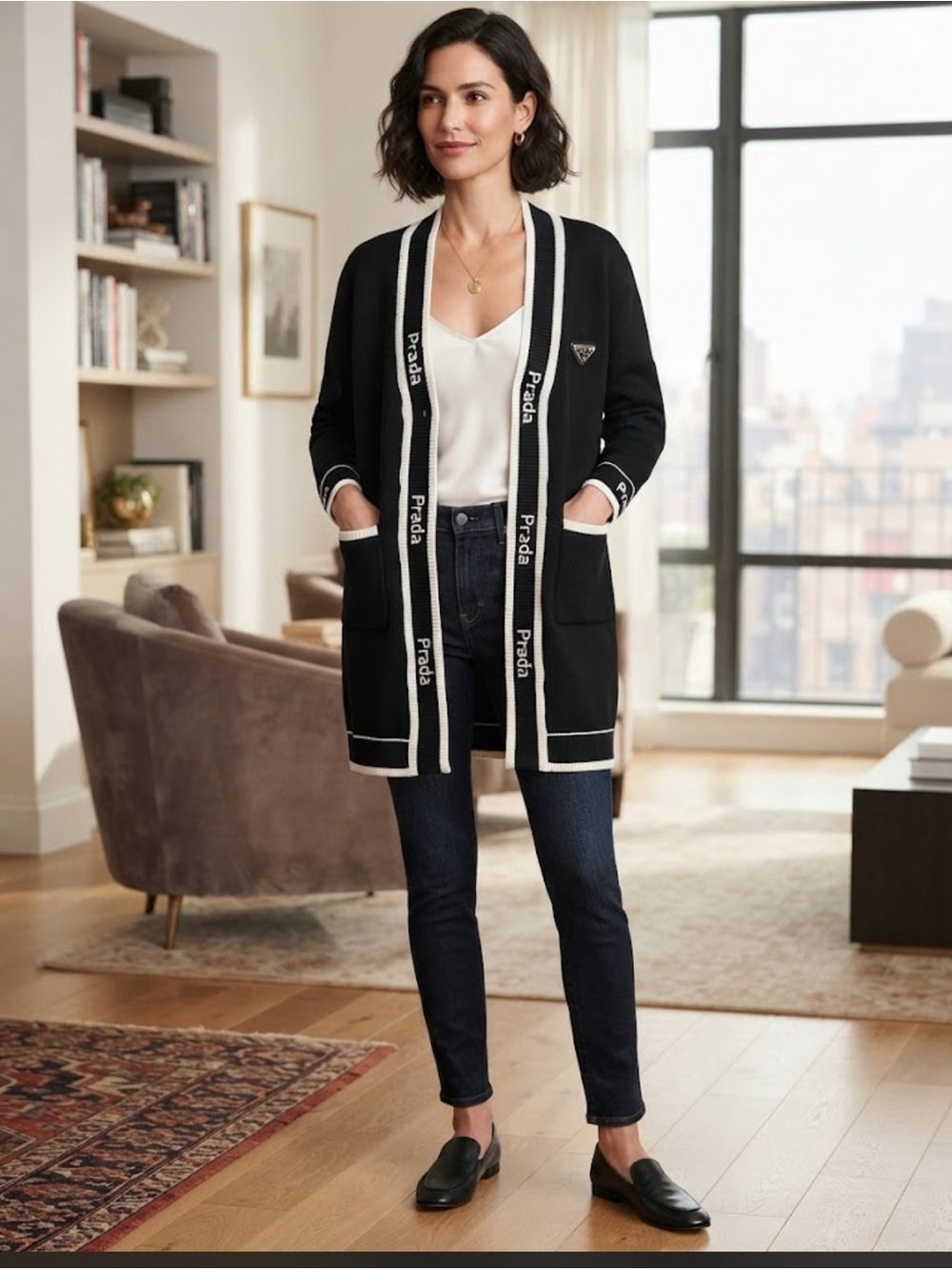 Brand New ! Black Cardigan with White Trim and Logo Tape